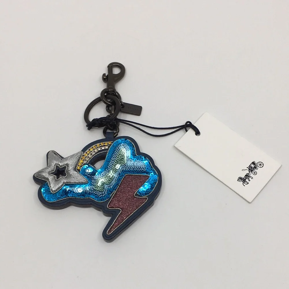 NWT Coach Style 24333 Cloud and Stars Leather and Sequined Key Bag Charm Denim - Picture 2 of 16